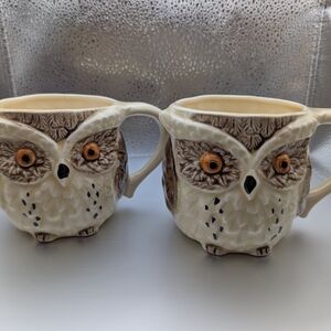 Japanese Owl Motif Mugs - Cream and Brown